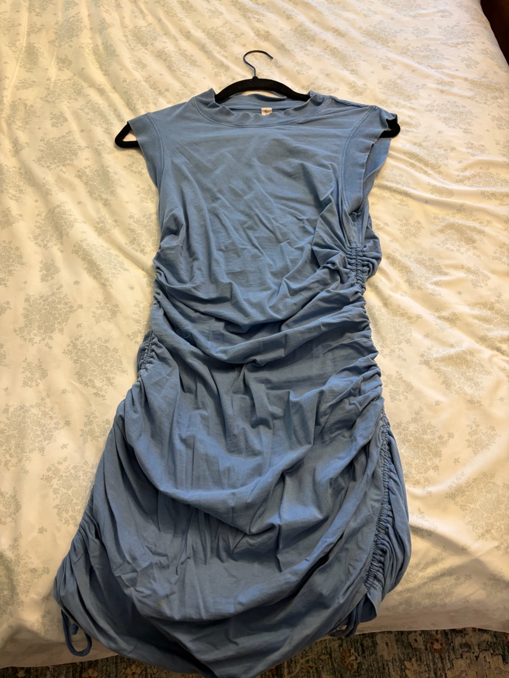 Sleeveless Blue Ruched Midi Dress with Side Ties